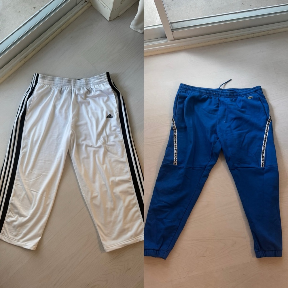 Set of two sweatpants.Adidas men´s White Track Pants plus blue Lacoste pants 2Xl
